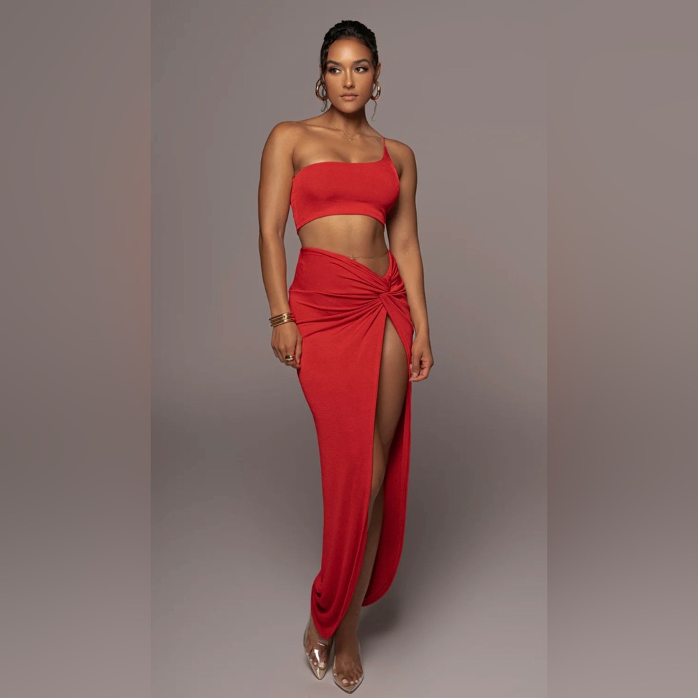JLUXLABEL Red Here to Stay Slinky Skirt Set | Small